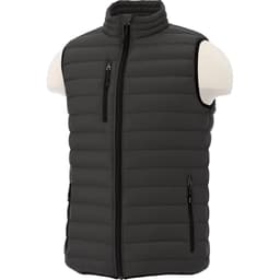A grey insulated men's vest with a high collar and zippered pockets, featuring a logo.