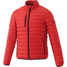 A red puffer jacket with quilted detailing and black accents, featuring zip pockets and a zip-up front.