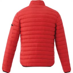 A red puffer jacket with a quilted design and a pocket on the sleeve, featuring a logo.