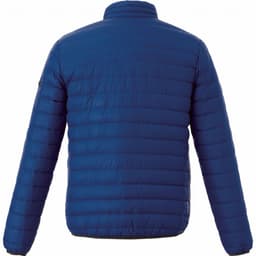 A blue puffer jacket for men, featuring a stitched texture and a collar, with a logo on the sleeve.