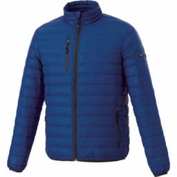 A blue puffer jacket with a zip front and multiple pockets, featuring a logo on the sleeve.