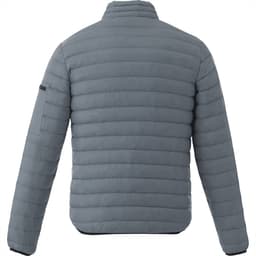 A men's puffer jacket in light grey with a quilted design and a logo on the sleeve.