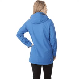 A blue rain jacket for women featuring a hood and a logo on the back.
