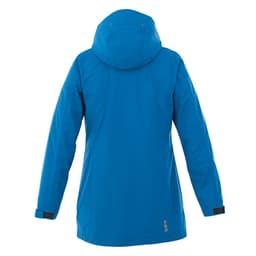 A women's rain jacket in bright blue, featuring a hood and a logo on the back.