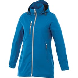 A women's rain jacket in vibrant blue, featuring a zip front and a hood. The jacket has a logo on it.