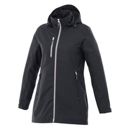 A women's rain jacket in black with a hood and zippered pockets, featuring a sleek design and a logo.