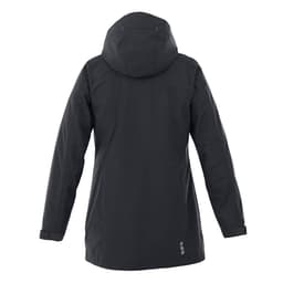 A women's rain jacket in black with a hood, featuring a logo on the back.