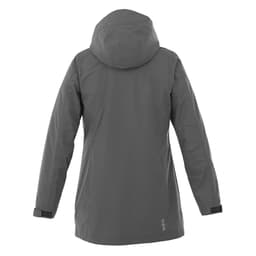 A women's rain jacket in grey with a hood and adjustable cuffs, featuring a logo on the back.