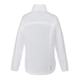 A white women's rain jacket with a collar, featuring a minimalist design and reflective detailing.