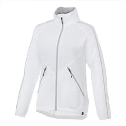 A women's packable rain jacket in white with contrasting grey trim and a zippered front and pockets.