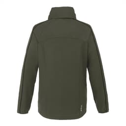A women's packable rain jacket in olive green, featuring a simple design and a logo on the lower side.