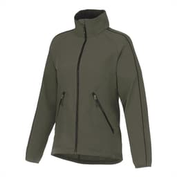 A women's eco-friendly packable jacket in olive green, featuring a zip front and pockets, with a logo present.