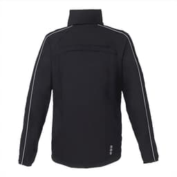 A black women's rain jacket with reflective detailing and a high collar, featuring a logo on the back.
