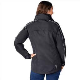 A black women's rain jacket featuring reflective detailing and a high collar, with a logo present.