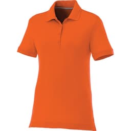 An orange women's short sleeve polo shirt with a classic collar and a logo.