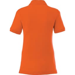 An orange women's short sleeve polo shirt featuring a collar and rolled sleeves, with a logo present.