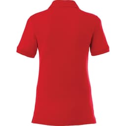 A red women's polo shirt with short sleeves and a collar, featuring a branding logo.