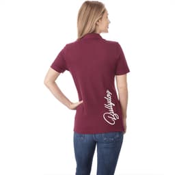 A women's short sleeve polo shirt in burgundy, featuring a logo on the back. Styled with a fitted cut.