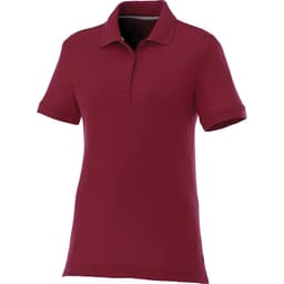 A burgundy women's short sleeve polo shirt featuring a classic collar and a branded logo.