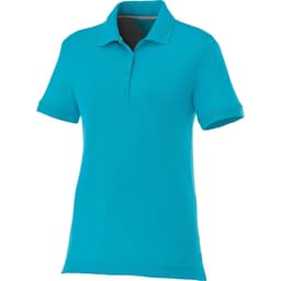 A women's short sleeve polo shirt in vibrant turquoise with a classic collar and button placket.