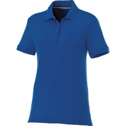 A women's short sleeve polo shirt in a vibrant blue colour, featuring a classic collar and logo.