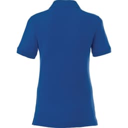 A women's short sleeve polo shirt in a vibrant blue colour, featuring a logo. Back view displayed.
