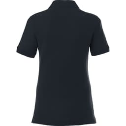 A women's short sleeve polo shirt in navy, featuring a collar and a logo.