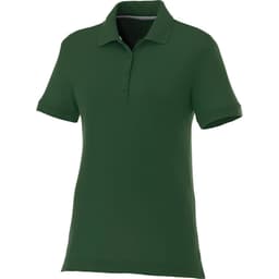 A green women's short sleeve polo shirt with a collar and a logo.