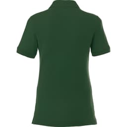 A green women's short sleeve polo shirt featuring a collar and rolled sleeves, with a logo on the back.