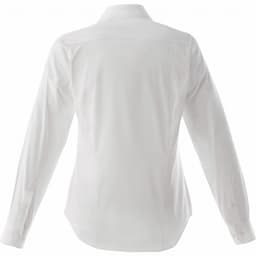 A white women's button-up shirt with long sleeves and a smooth finish, featuring a logo on the back.