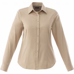 A women's button-up shirt in beige with long sleeves and a fitted design, featuring a collar and front buttons.