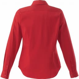 A red women's long sleeve button-up shirt with a collar and cuffs, featuring a brand logo.