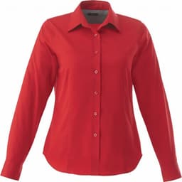 A red women's button-up shirt with long sleeves and a collar, featuring a single logo.
