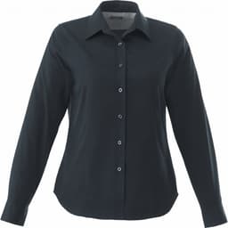 A dark green women's button-up shirt with long sleeves and a collar, featuring a logo on the chest.