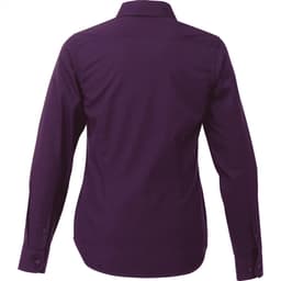 A women's long sleeve button-up shirt in a rich purple colour, with a sleek back design and a collar.