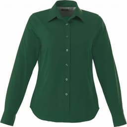 A green button-up long sleeve shirt for women with a collar and buttons. It features a logo on the fabric.