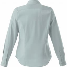 A women's long sleeve button-up shirt in a soft mint green shade, featuring a classic collar and button cuffs.