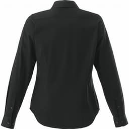 A black women's button-up shirt with long sleeves and a collar, featuring a logo on the back.