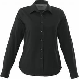 A women's long sleeve button-up shirt in black, featuring a collared neck and button closures.