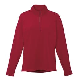 A women's quarter zip jumper in red with long sleeves and a high collar, featuring a branding logo.