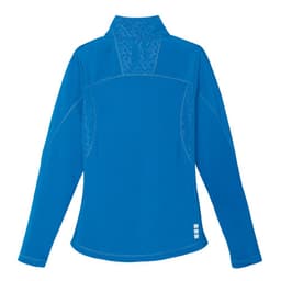 A women's quarter-zip jumper in blue, featuring a textured design on the upper back and a logo detail.