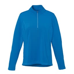 A bright blue women's quarter zip jumper with long sleeves and a zippered front. Features a logo on the fabric.