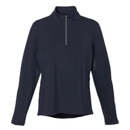 A women's navy knit quarter zip jumper featuring long sleeves and a collar, with a logo on the front.