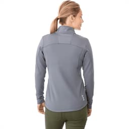 A women's quarter zip jumper in a light grey colour, featuring a high collar and a fitted design.