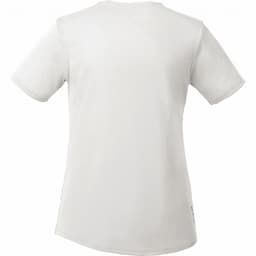 A white short sleeve tech tee for women, featuring a simple design and a logo on the back.