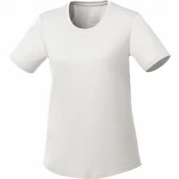 A women's short sleeve tech tee in white, featuring a round neckline and a branding logo.