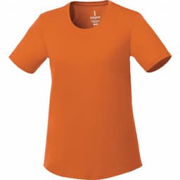 An orange short sleeve tech tee for women, featuring a round neckline and a subtle logo.