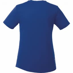 A women's short sleeve tech tee in a solid blue colour, featuring a logo on the side.