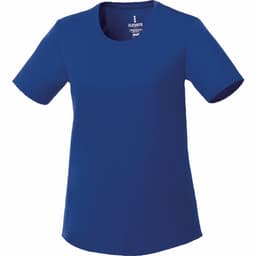 A blue short sleeve tech tee for women with a round neck and a brand logo on the label.