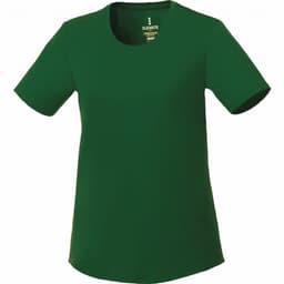 A green short sleeve tech tee for women with a round neckline and a logo inside.